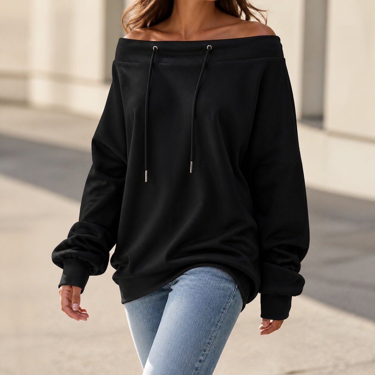 Winter Clothing Drawing - Sweatshirt Wanita Model Off Shoulder, Lengan